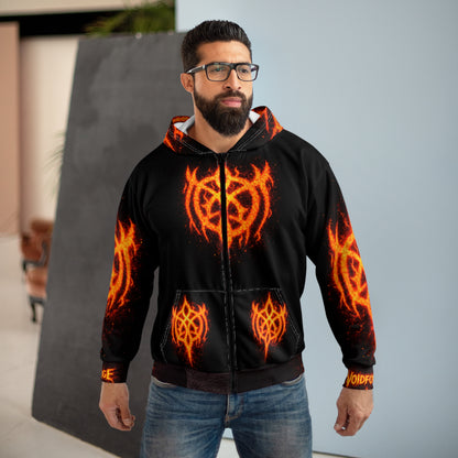 Flaming Demon Skull gothic zip hoodie – model wearing black all-over print hoodie showing dark festival streetwear style and fit