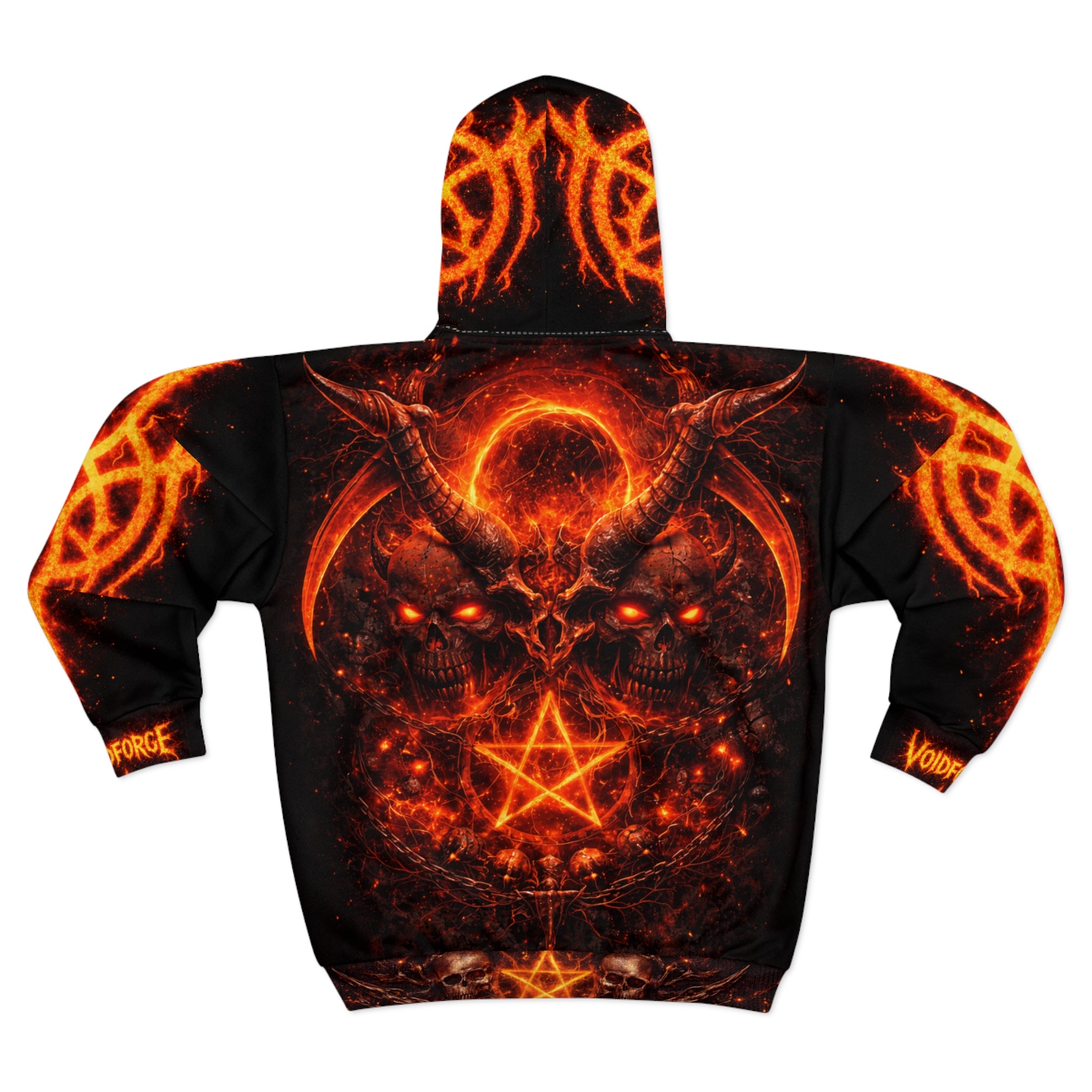 Flaming Demon Skull Zip Hoodie – back view showing full twin-skull pentagram motif blazing across black all-over print hoodie