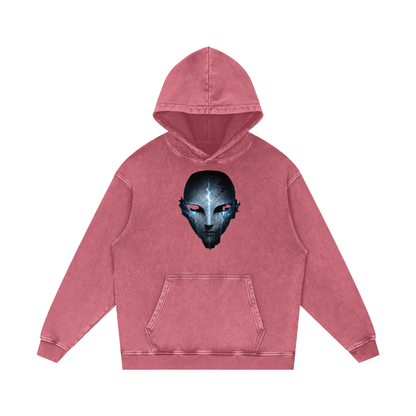 Void Sentinel Hoodie in Dark Blue — spirit mask front graphic with cold blue glow on navy snow washed 420 GSM premium cotton oversized gothic hoodie