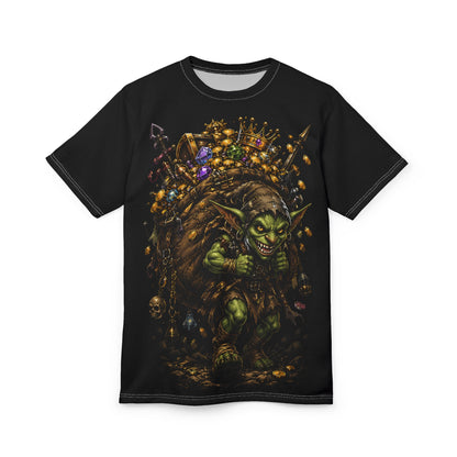 Goblin Treasure Haul all over print shirt — male model wearing tee showing chaotic goblin loot artwork