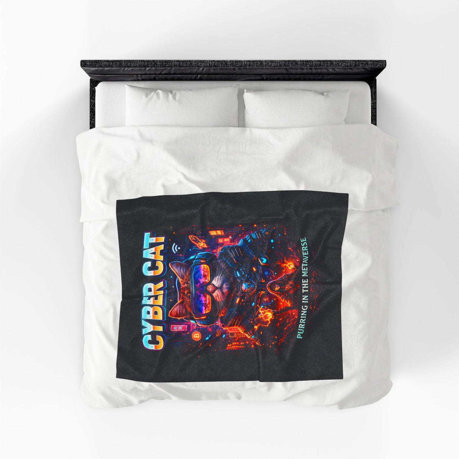 Cyber Cat Plush Blanket cat lover gift — overhead shot of full blanket showing complete retro futuristic cat artwork
