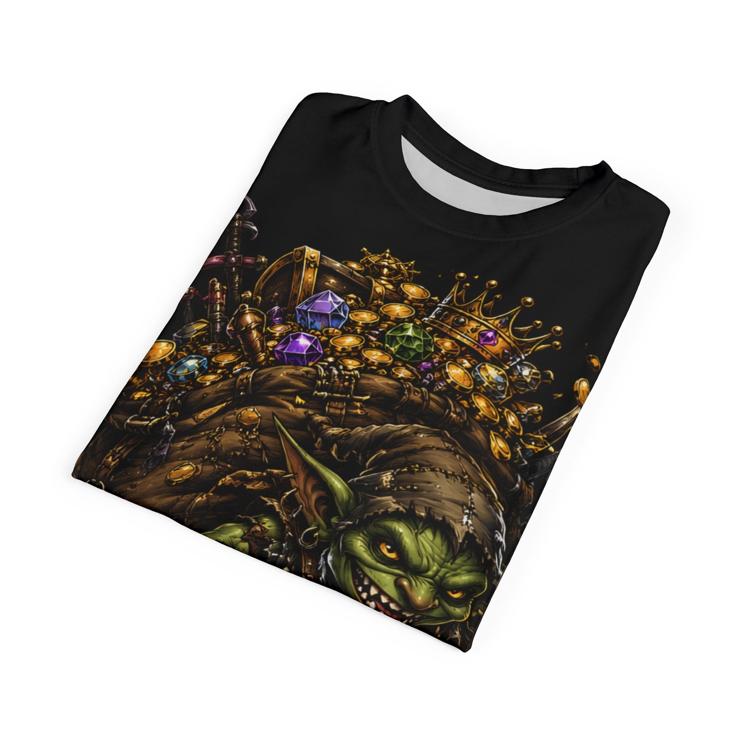 Goblin Treasure Haul roleplay shirt — model wearing tee with fantasy accessories showing styling options