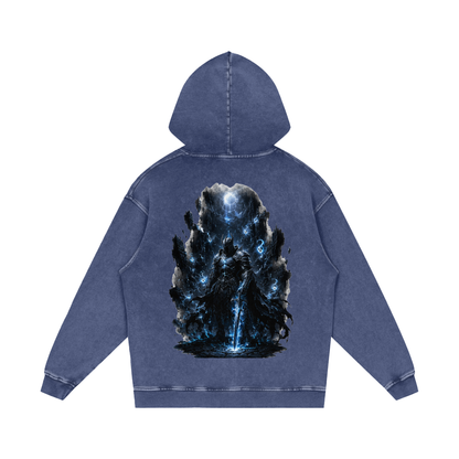 Void Sentinel Hoodie back in Purple — void knight at abyss back print on deep purple premium washed cotton oversized dark fantasy hoodie