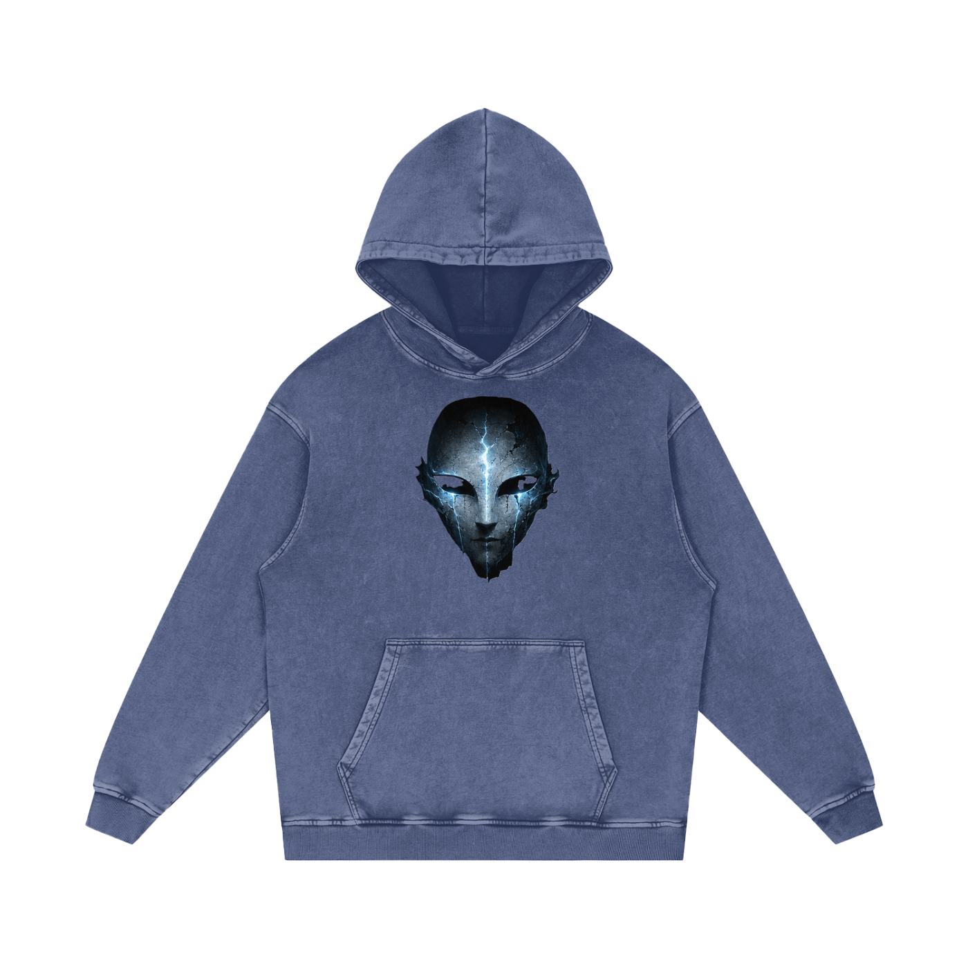Void Sentinel Hoodie in Purple — haunted spirit mask front print with cold blue hollow eyes on deep purple snow washed 420 GSM cotton gothic hoodie