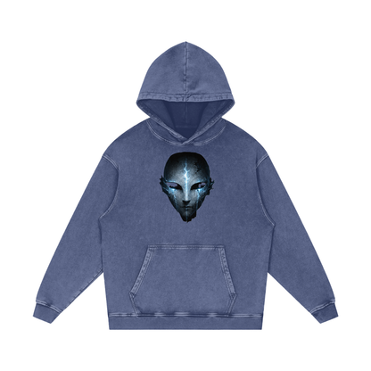 Void Sentinel Hoodie in Purple — haunted spirit mask front print with cold blue hollow eyes on deep purple snow washed 420 GSM cotton gothic hoodie