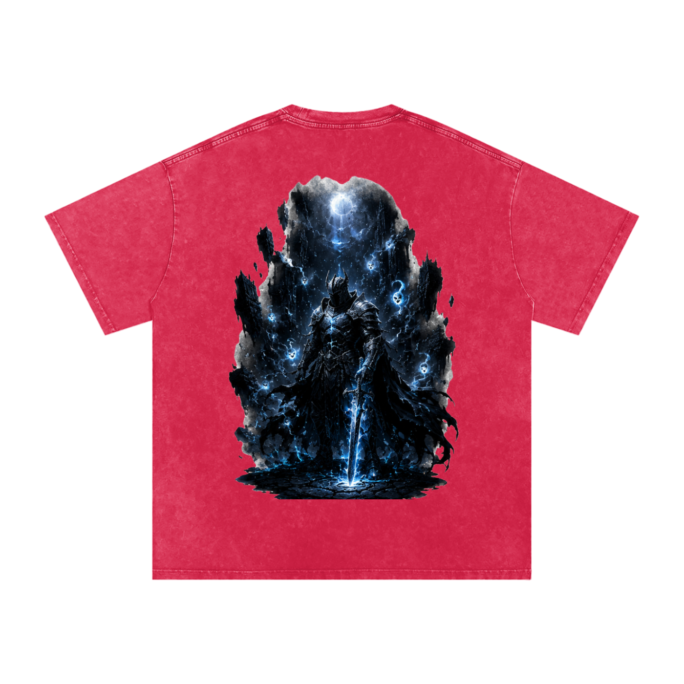 Void Sentinel Snow Wash Tee — back detail close-up showing lone knight at abyss with floating soul fragments and crescent moon in cold blue atmospheric scene