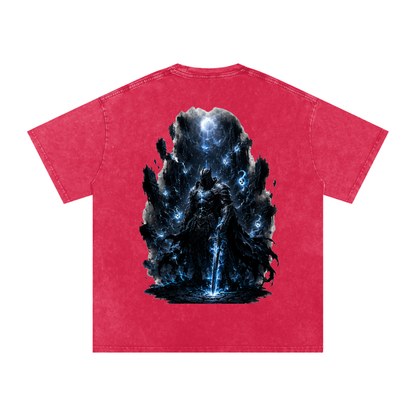 Void Sentinel Snow Wash Tee — back detail close-up showing lone knight at abyss with floating soul fragments and crescent moon in cold blue atmospheric scene