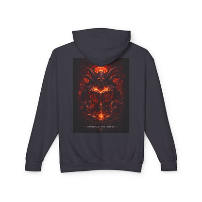 Tim Purmental gothic hoodie — lifestyle shot worn over dark outfit showing streetwear dark aesthetic