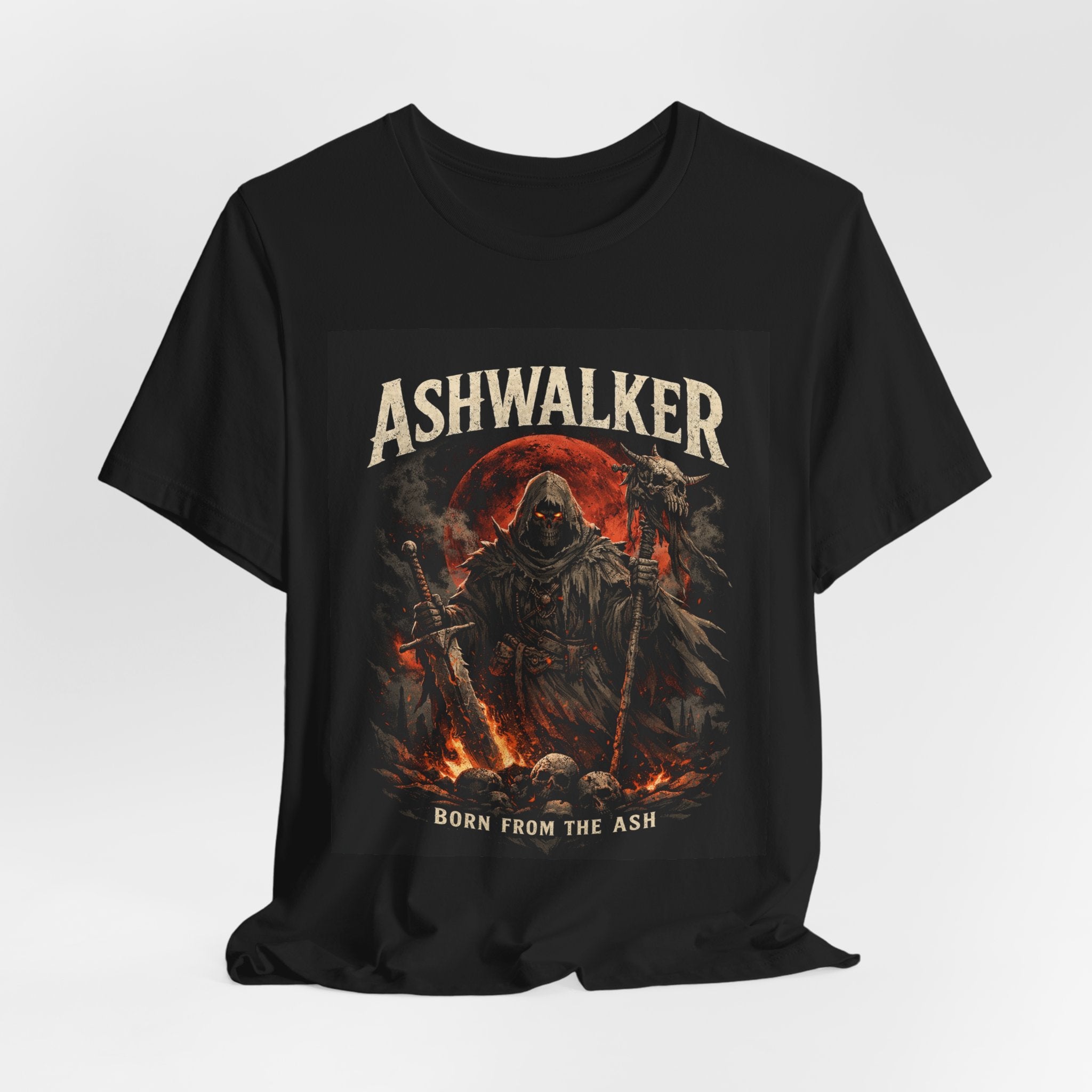 Ashwalker alternative wear tee — close-up of graphic print showing ember red and charcoal black detail