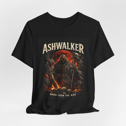 Ashwalker alternative wear tee — close-up of graphic print showing ember red and charcoal black detail