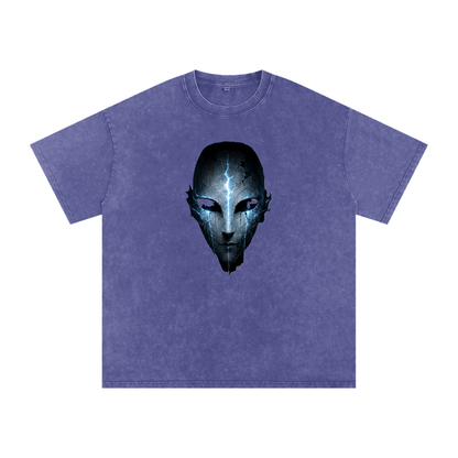 Void Sentinel Tee in Dark Red — haunted spirit mask graphic on dark red snow washed oversized cotton drop shoulder tee