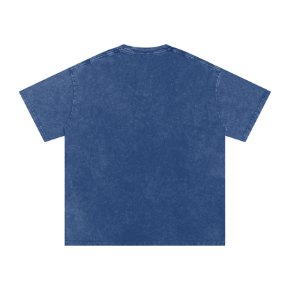 Neon Samurai tee — flat lay showing full oversized drop shoulder cut and electric blue warrior graphic on black washed cotton