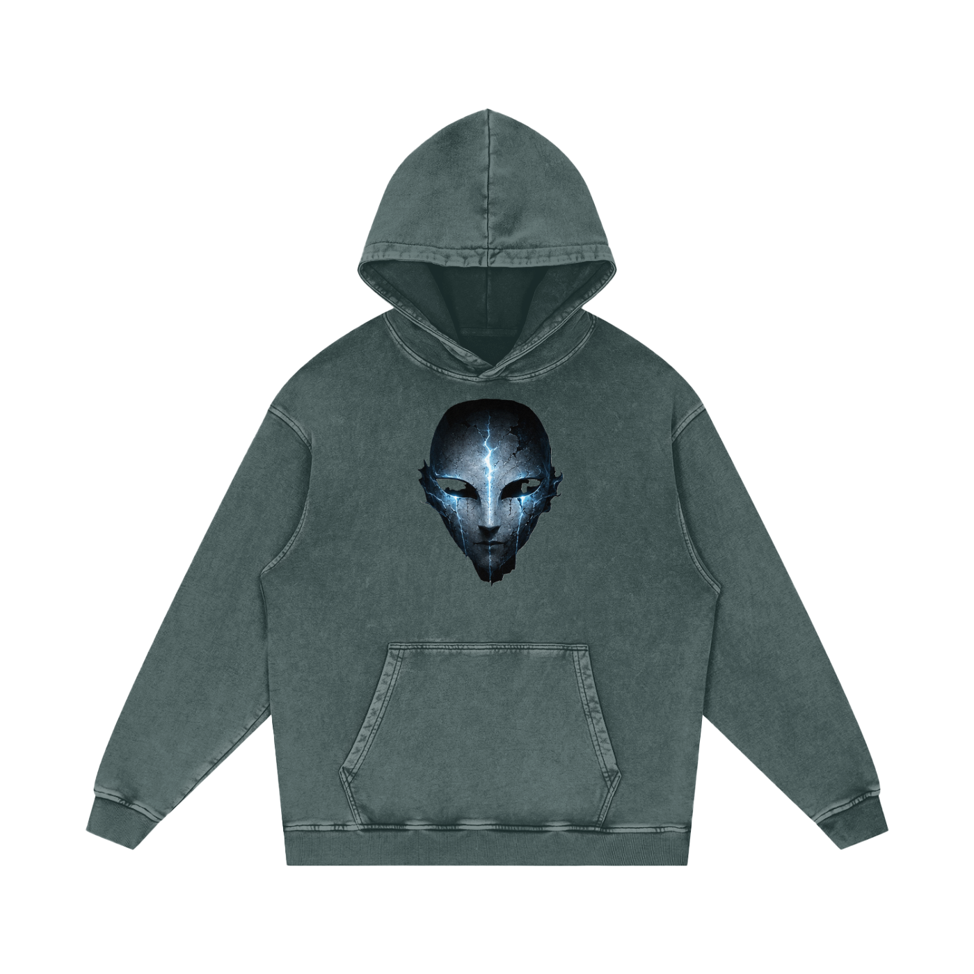 Void Sentinel Snow Wash Hoodie — close-up of cracked spirit mask chest showing cold blue soul energy glow and ancient stone fracture detail on premium cotton