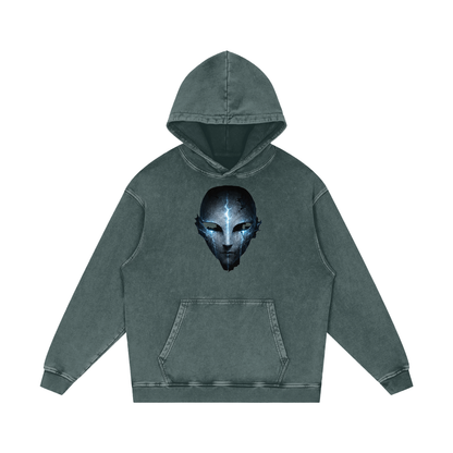 Void Sentinel Snow Wash Hoodie — close-up of cracked spirit mask chest showing cold blue soul energy glow and ancient stone fracture detail on premium cotton