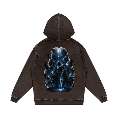 Void Sentinel Snow Wash Hoodie — lifestyle shot showing premium 420 GSM dark fantasy hoodie loose boxy fit with gothic streetwear aesthetic in dark setting