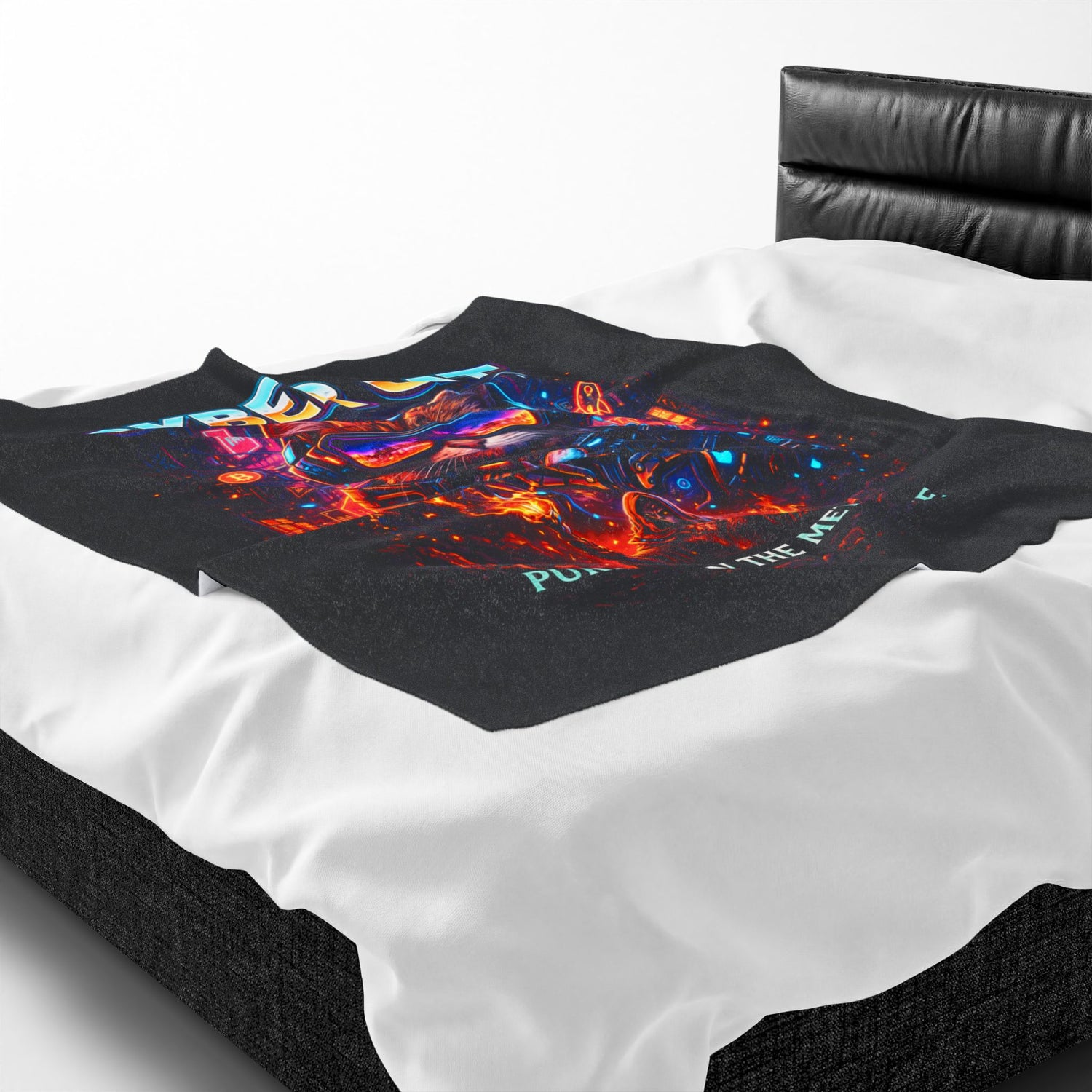 Cyber Cat blanket for gamers — model wrapped in neon cat throw blanket showing cozy oversized 50x60 dimensions