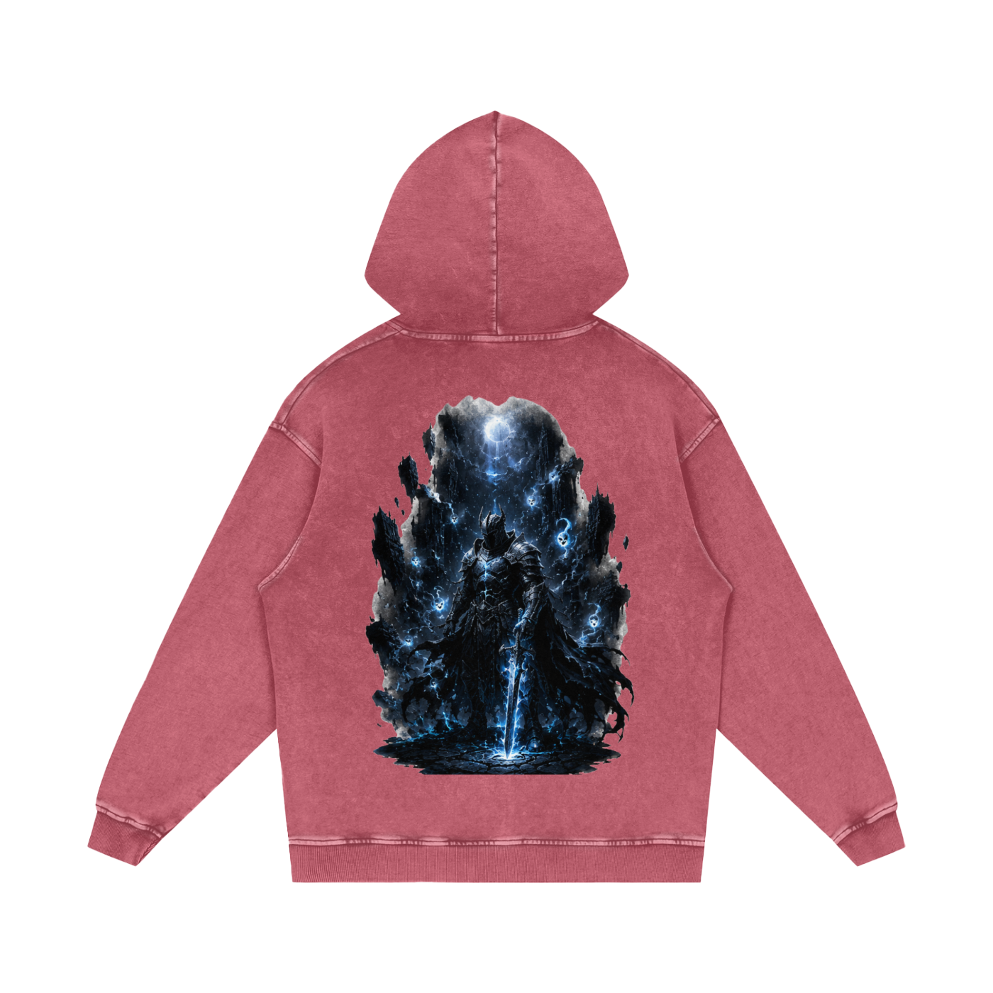 Void Sentinel Hoodie back in Dark Blue — lone armored knight at infinite abyss back print with crescent moon on navy premium washed cotton hoodie