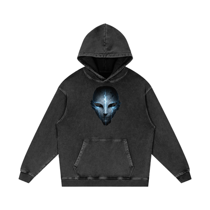 Void Sentinel Snow Wash Hoodie in Black Beauty — front view showing cracked spirit mask chest graphic with cold blue glowing eye sockets on premium 420 GSM washed cotton hoodie
