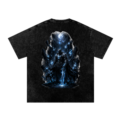 Void Sentinel Tee — back view showing full dark fantasy knight at the abyss scene with cold blue atmospheric detail on black snow washed oversized tee