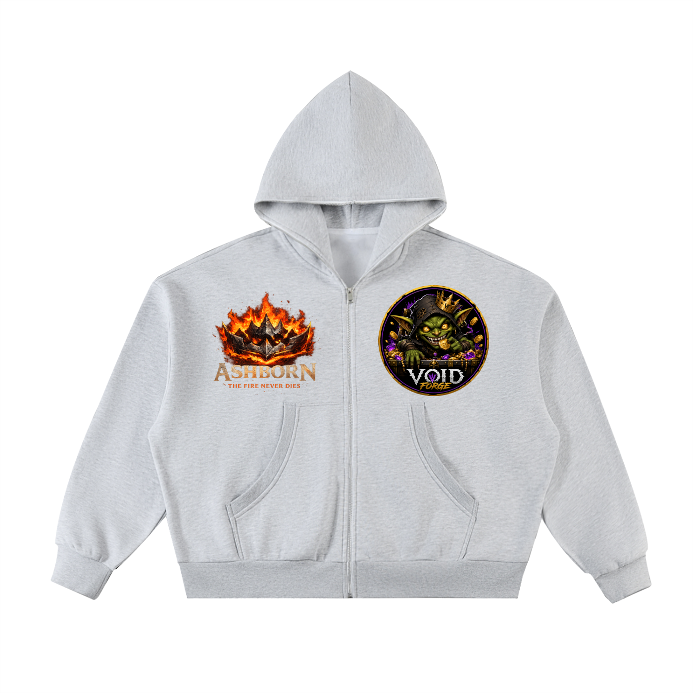 Ashborn Flame Crest gothic zip hoodie in Black — model wearing boxy oversized premium fleece hoodie showing dark fantasy streetwear style