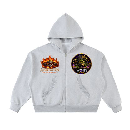Ashborn Flame Crest gothic zip hoodie in Black — model wearing boxy oversized premium fleece hoodie showing dark fantasy streetwear style