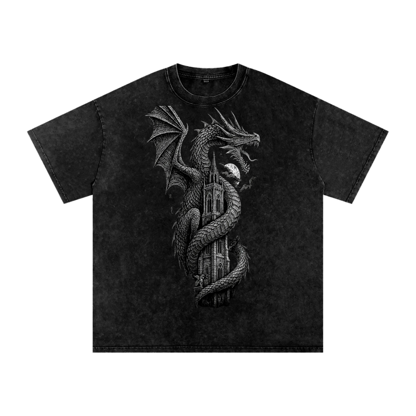 VoidForge Snow Wash Tee in Black — front view showing oversized drop shoulder fit and snow washed cotton texture