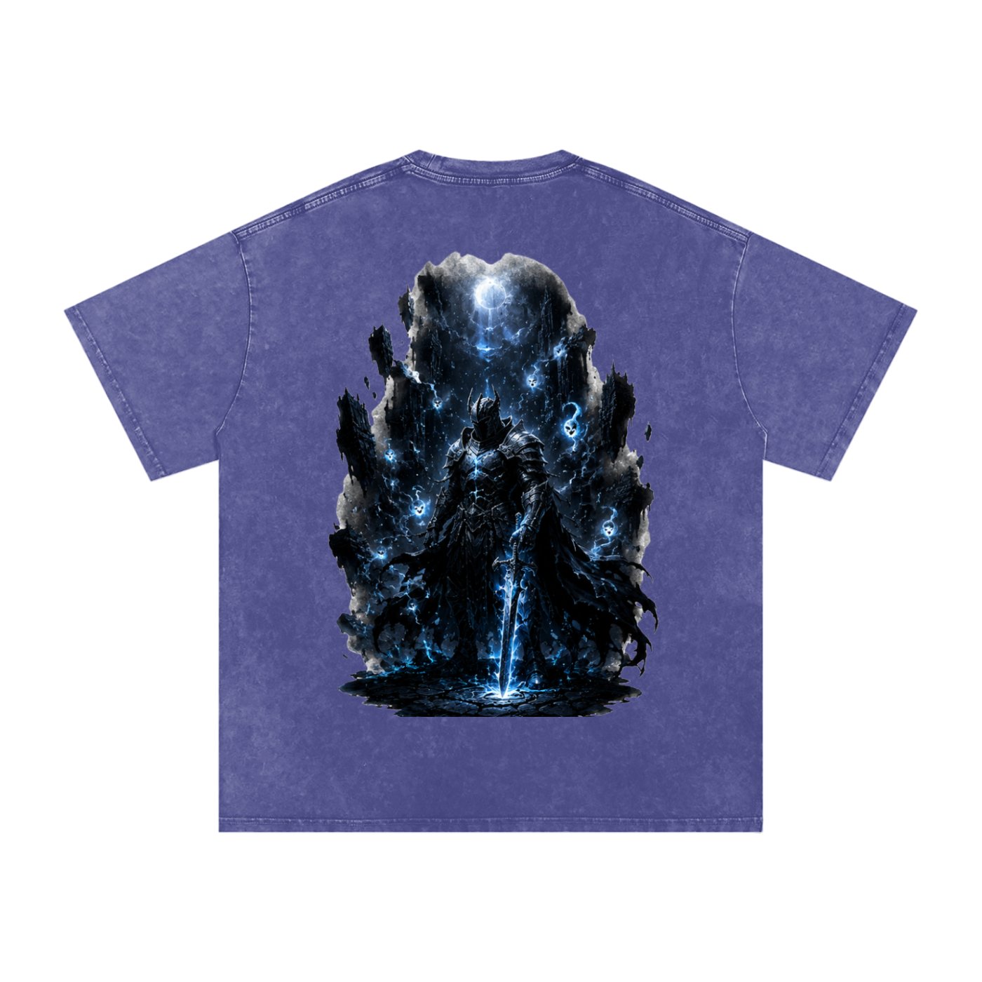 Void Sentinel Snow Wash Tee — close-up of spirit mask chest graphic showing cracked stone detail and cold blue soul energy glow